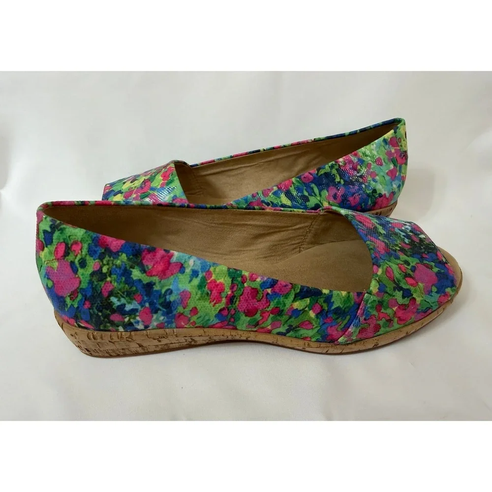 Michelle D Ellena Floral Peep Toe Wedge Shoes Multi Color Cork Heel 9.5 M